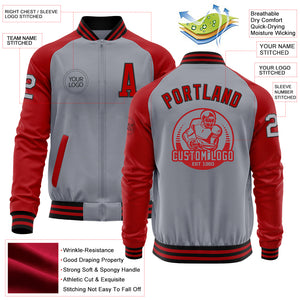 Custom Gray Black-Red Bomber Varsity Letterman Two Tone Zipper Jacket