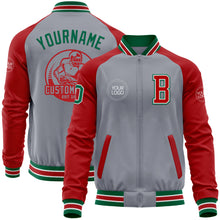 Load image into Gallery viewer, Custom Gray Kelly Green-Red Bomber Varsity Letterman Two Tone Zipper Jacket
