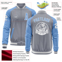 Load image into Gallery viewer, Custom Gray White-Light Blue Bomber Varsity Letterman Two Tone Zipper Jacket
