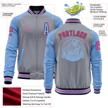 Load image into Gallery viewer, Custom Gray Pink Black-Light Blue Bomber Varsity Letterman Two Tone Zipper Jacket
