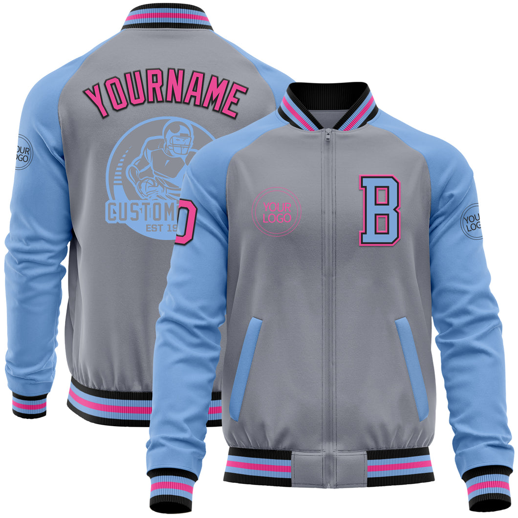 Custom Gray Pink Black-Light Blue Bomber Varsity Letterman Two Tone Zipper Jacket