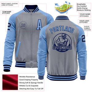 Custom Gray Navy-Light Blue Bomber Varsity Letterman Two Tone Zipper Jacket