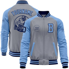 Load image into Gallery viewer, Custom Gray Navy-Light Blue Bomber Varsity Letterman Two Tone Zipper Jacket
