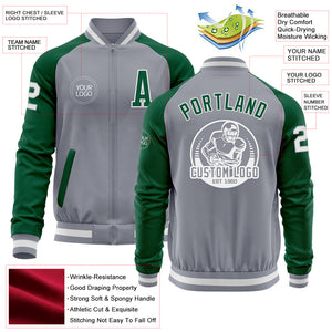 Custom Gray White-Kelly Green Varsity Letterman Two Tone Zipper Jacket