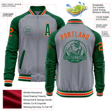 Load image into Gallery viewer, Custom Gray Orange-Kelly Green Varsity Letterman Two Tone Zipper Jacket
