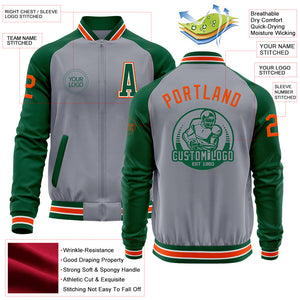 Custom Gray Orange-Kelly Green Varsity Letterman Two Tone Zipper Jacket