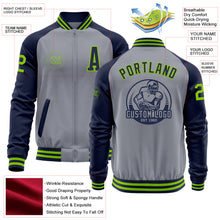 Load image into Gallery viewer, Custom Gray Neon Green-Navy Varsity Letterman Two Tone Zipper Jacket
