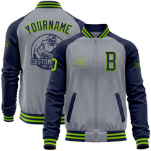 Load image into Gallery viewer, Custom Gray Neon Green-Navy Varsity Letterman Two Tone Zipper Jacket
