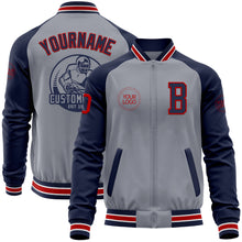 Load image into Gallery viewer, Custom Gray Red-Navy Varsity Letterman Two Tone Zipper Jacket
