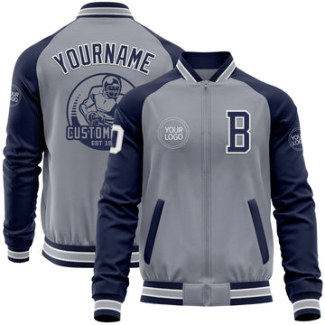 Custom Gray White-Navy Varsity Letterman Two Tone Zipper Jacket