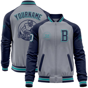 Custom Gray Navy-Teal Varsity Letterman Two Tone Zipper Jacket