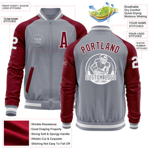 Custom Gray White-Crimson Varsity Letterman Two Tone Zipper Jacket