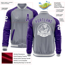 Load image into Gallery viewer, Custom Gray White-Purple Varsity Letterman Two Tone Zipper Jacket
