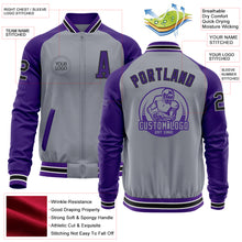 Load image into Gallery viewer, Custom Gray Black-Purple Varsity Letterman Two Tone Zipper Jacket
