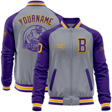 Load image into Gallery viewer, Custom Gray Gold-Purple Varsity Letterman Two Tone Zipper Jacket
