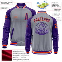 Load image into Gallery viewer, Custom Gray Orange-Purple Varsity Letterman Two Tone Zipper Jacket
