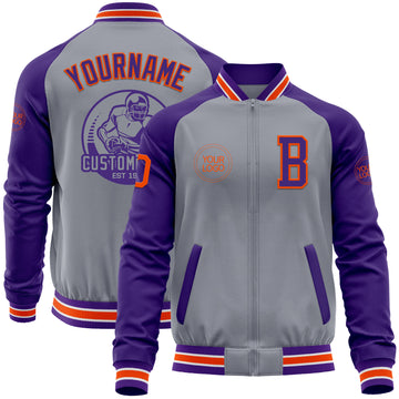 Custom Gray Orange-Purple Varsity Letterman Two Tone Zipper Jacket