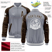 Load image into Gallery viewer, Custom Gray White-Brown Varsity Letterman Two Tone Zipper Jacket
