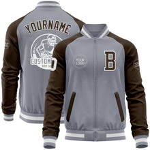 Load image into Gallery viewer, Custom Gray White-Brown Varsity Letterman Two Tone Zipper Jacket
