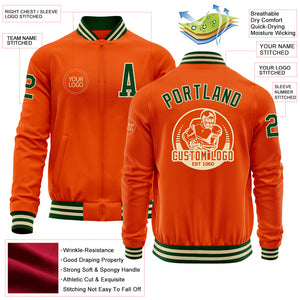 Custom Orange Green-Cream Bomber Varsity Letterman Zipper Jacket