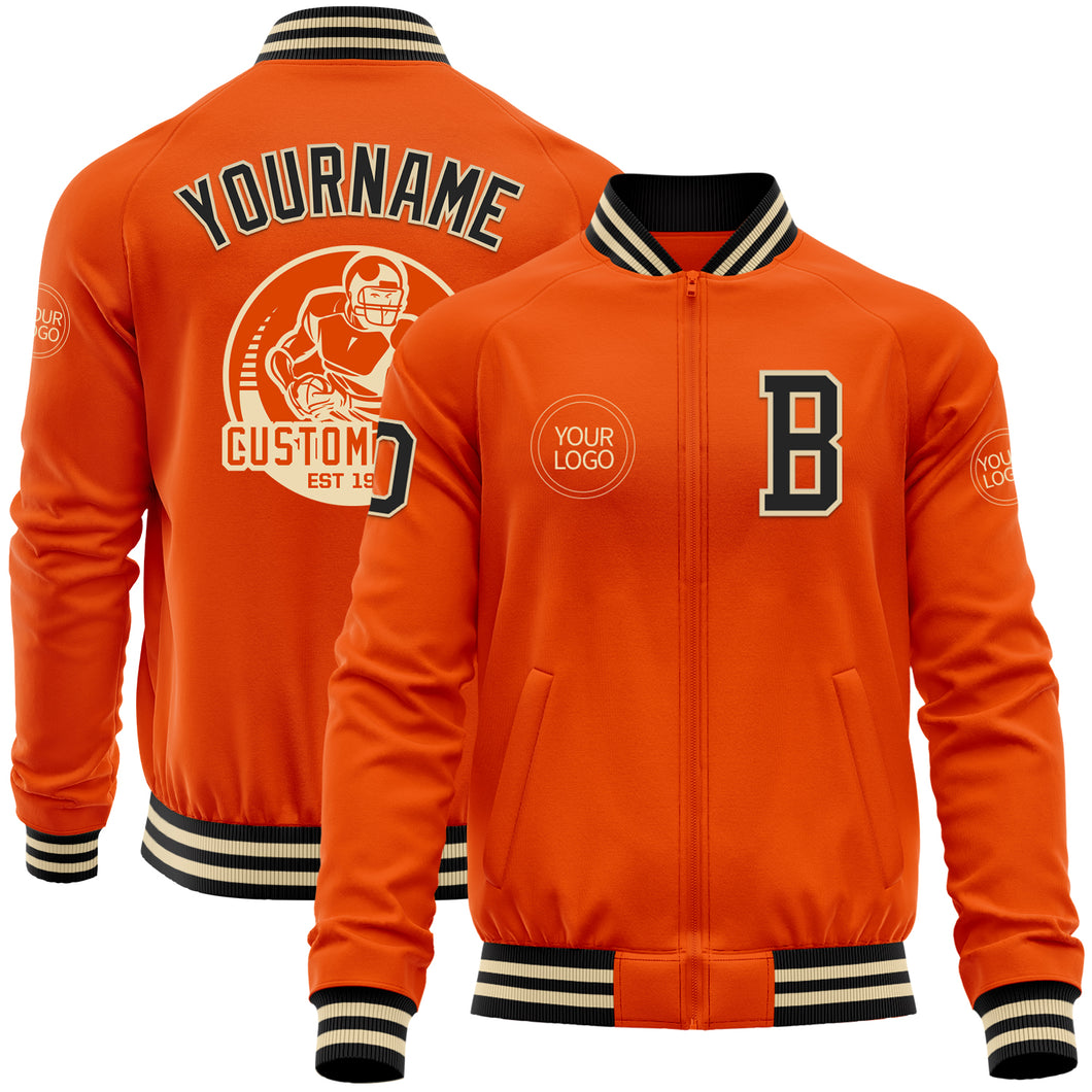 Custom Orange Black-Cream Bomber Varsity Letterman Zipper Jacket