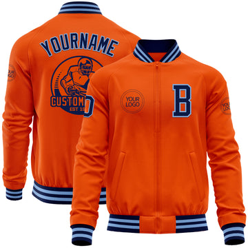 Custom Orange Navy-Light Blue Bomber Varsity Letterman Zipper Jacket