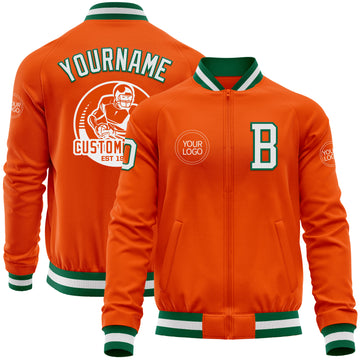 Custom Orange White-Kelly Green Bomber Varsity Letterman Zipper Jacket