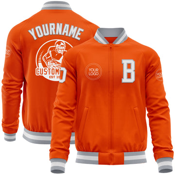 Custom Orange White-Gray Bomber Varsity Letterman Zipper Jacket