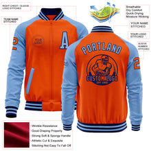 Load image into Gallery viewer, Custom Orange Navy-Light Blue Bomber Varsity Letterman Two Tone Zipper Jacket
