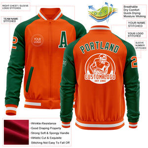 Custom Orange White-Kelly Green Bomber Varsity Letterman Two Tone Zipper Jacket