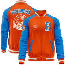 Load image into Gallery viewer, Custom Orange White-Powder Blue Bomber Varsity Letterman Two Tone Zipper Jacket
