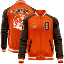 Load image into Gallery viewer, Custom Orange White-Brown Bomber Varsity Letterman Two Tone Zipper Jacket
