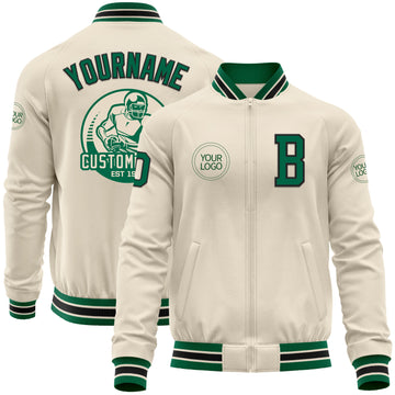 Custom Cream Kelly Green-Black Bomber Varsity Letterman Zipper Jacket