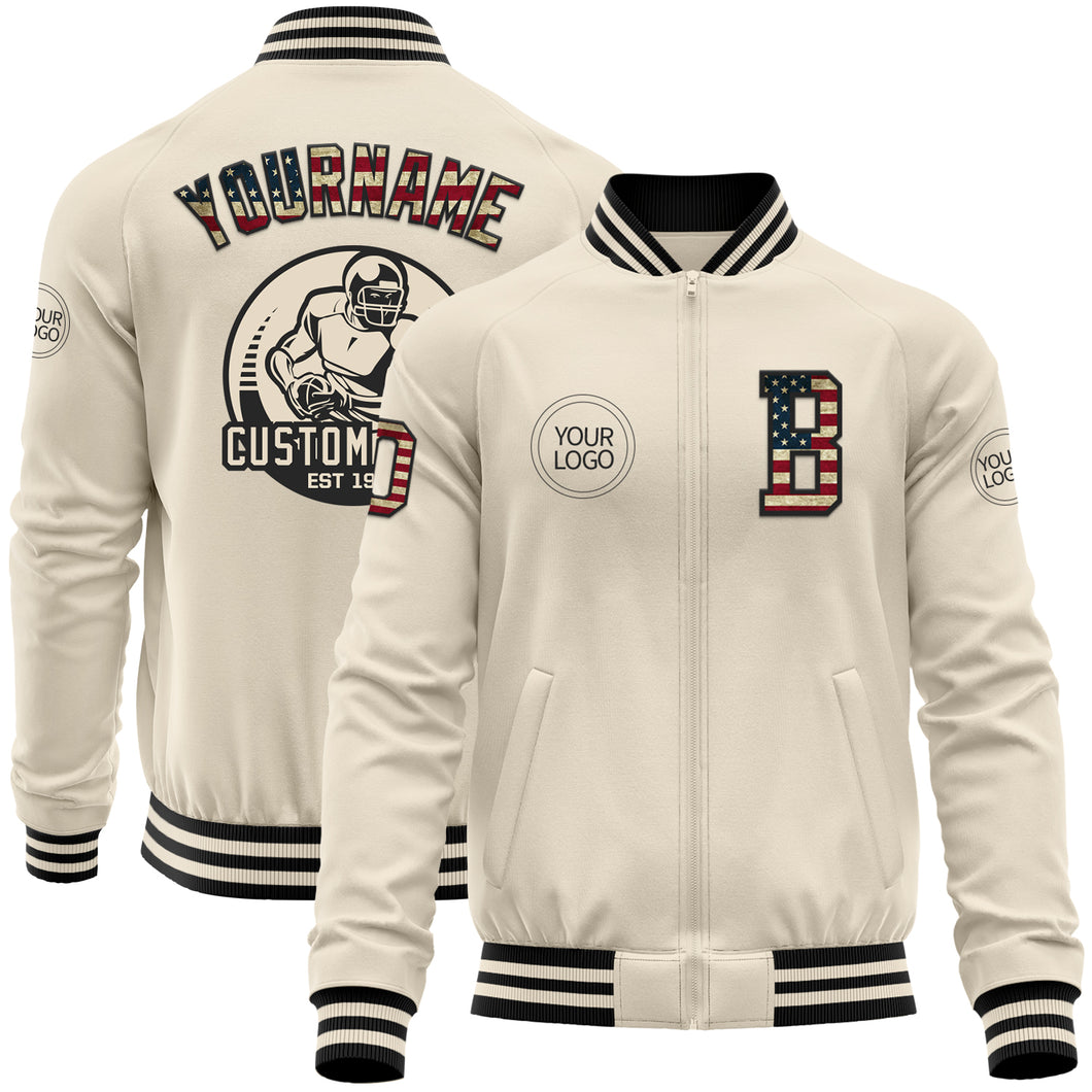 Custom Cream Vintage USA Flag-Black Bomber Varsity Letterman Zipper Jacket