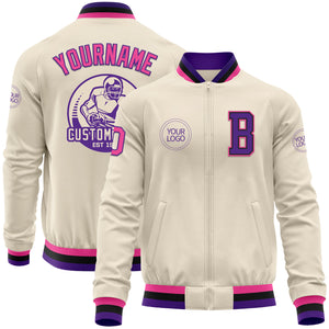 Custom Cream Pink Purple-Black Bomber Varsity Letterman Zipper Jacket