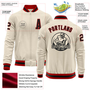 Custom Cream Black-Red Bomber Varsity Letterman Zipper Jacket