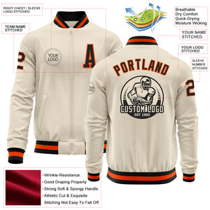 Custom Cream Black-Orange Bomber Varsity Letterman Zipper Jacket