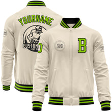 Load image into Gallery viewer, Custom Cream Neon Green-Black Bomber Varsity Letterman Zipper Jacket
