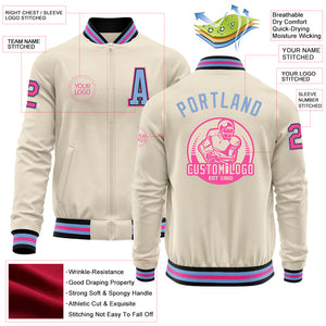 Custom Cream Pink Black-Light Blue Bomber Varsity Letterman Zipper Jacket