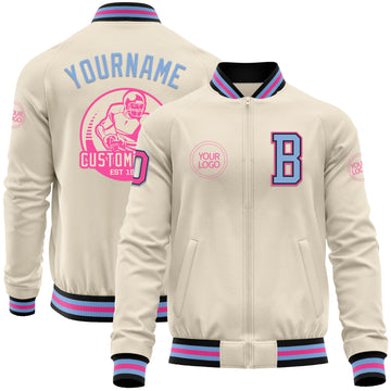 Custom Cream Pink Black-Light Blue Bomber Varsity Letterman Zipper Jacket