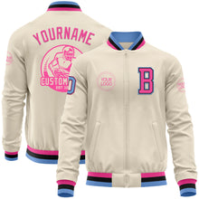 Load image into Gallery viewer, Custom Cream Light Blue Black-Pink Bomber Varsity Letterman Zipper Jacket
