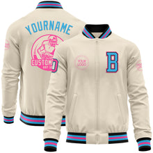 Load image into Gallery viewer, Custom Cream Pink Black-Sky Blue Bomber Varsity Letterman Zipper Jacket
