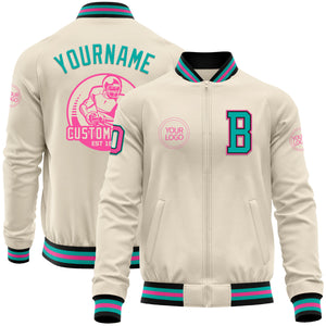 Custom Cream Pink Black-Aqua Bomber Varsity Letterman Zipper Jacket