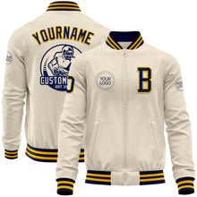 Load image into Gallery viewer, Custom Cream Navy-Gold Bomber Varsity Letterman Zipper Jacket
