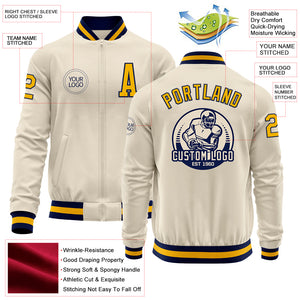 Custom Cream Gold-Navy Bomber Varsity Letterman Zipper Jacket