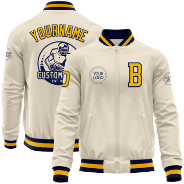 Custom Cream Gold-Navy Bomber Varsity Letterman Zipper Jacket