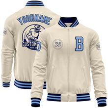 Load image into Gallery viewer, Custom Cream Light Blue-Navy Bomber Varsity Letterman Zipper Jacket
