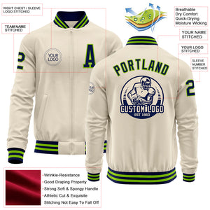 Custom Cream Navy-Neon Green Bomber Varsity Letterman Zipper Jacket