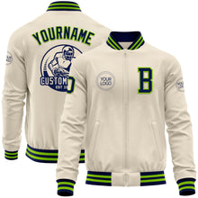 Load image into Gallery viewer, Custom Cream Navy-Neon Green Bomber Varsity Letterman Zipper Jacket
