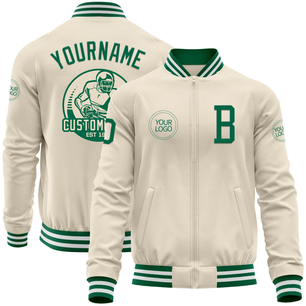 Custom Cream Kelly Green-White Bomber Varsity Letterman Zipper Jacket